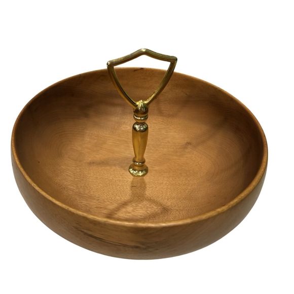 VTG Oregon Myrtle Wood 8" NUT BOWL CANDY COIN DISH Gold Handle Cracker Tray MCM - Picture 4 of 7
